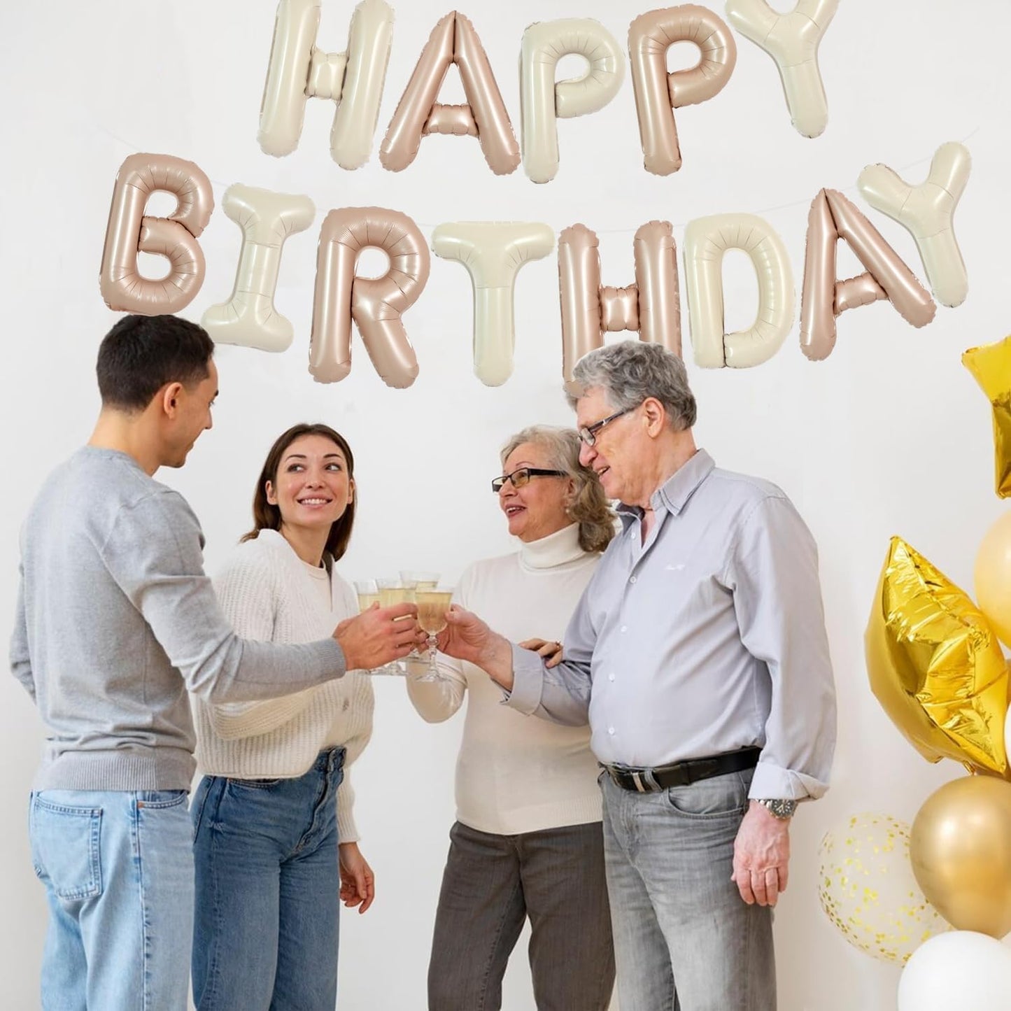 TONIFUL 16 Inch Light Brown Cream Mylar Foil Balloons Banner Happy Birthday Balloon Letters for Adults & Girls Boys Kids Birthday Decorations Party Supplies