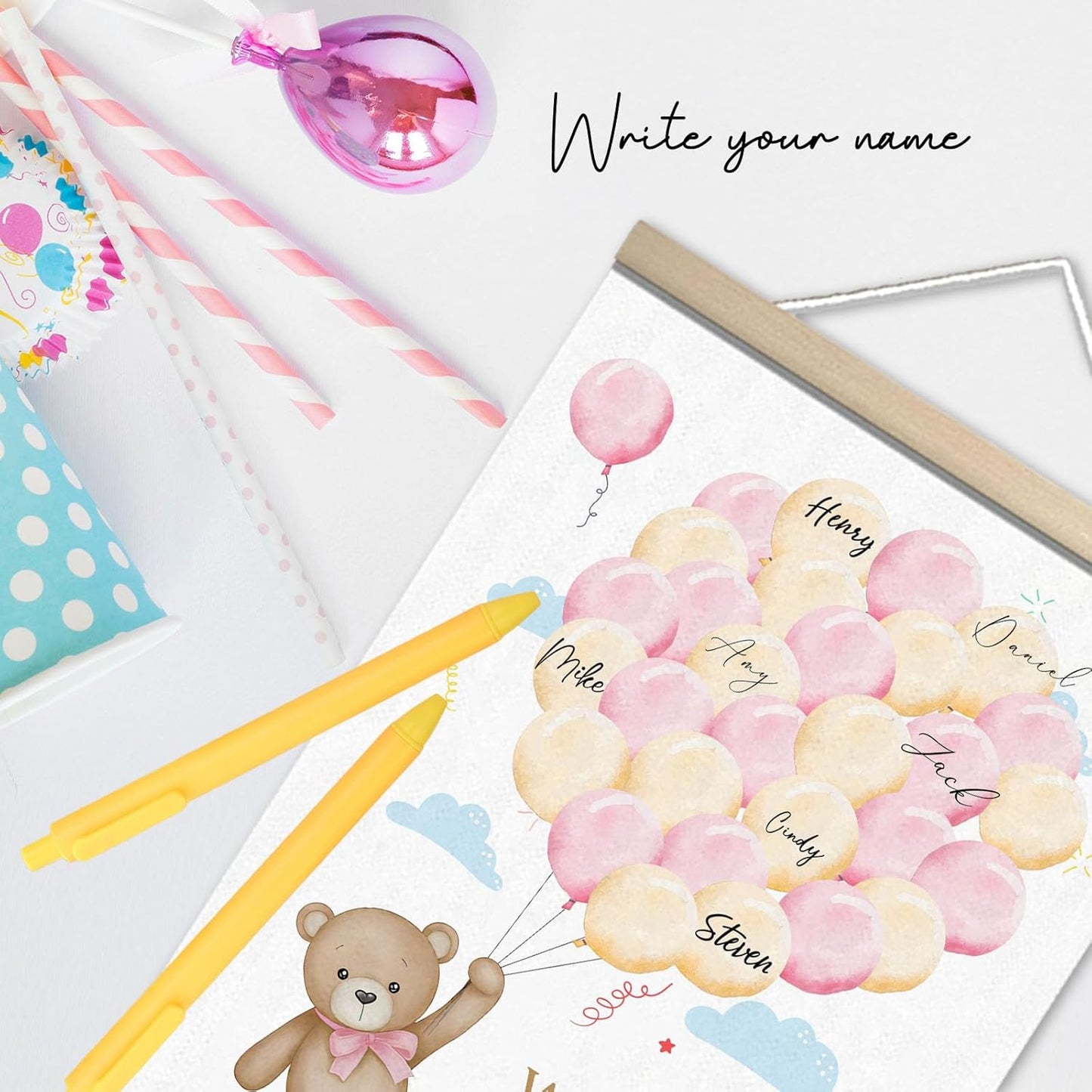 Bear Baby Shower Guest Book Party Ideas for Girl, Baby Shower Wall Sign, Centerpieces Supplies with Pen, Gender Reveal Party Decorations