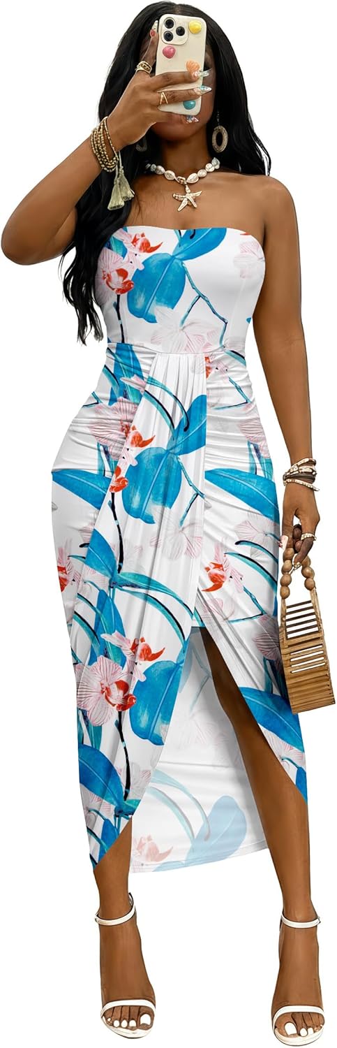 Umenlele Women's Strapless Ruched High Waist Wrap Split Asymmetrical Beach Maxi Long Dress