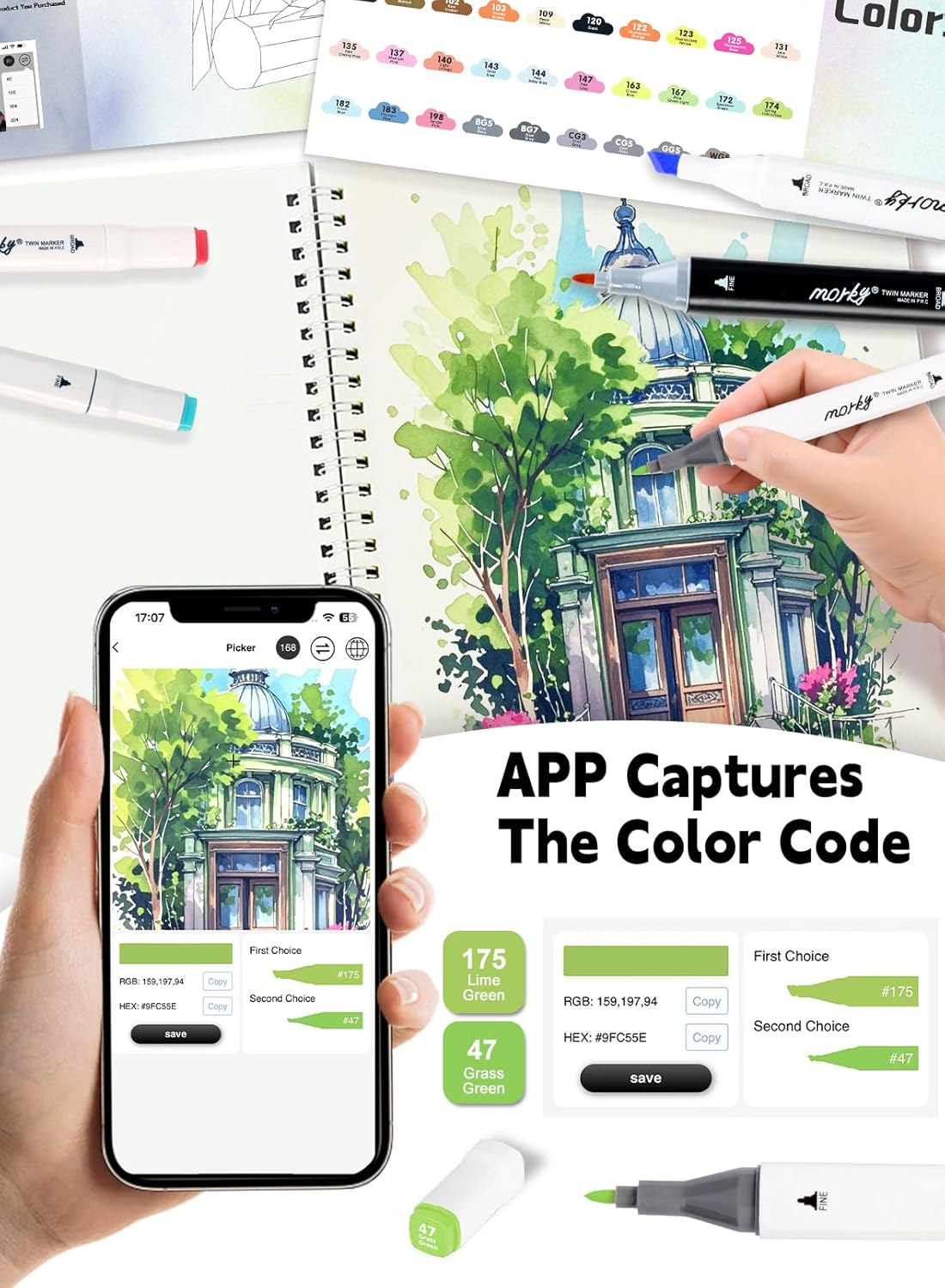 120 Colors Alcohol Markers with Free App, Chisel & Fine Tip Alcohol-Based Marker Set for Adults Kids, Dual Tip Artist Markers for Drawing, Coloring Illustration, Painting and Great Gift Idea