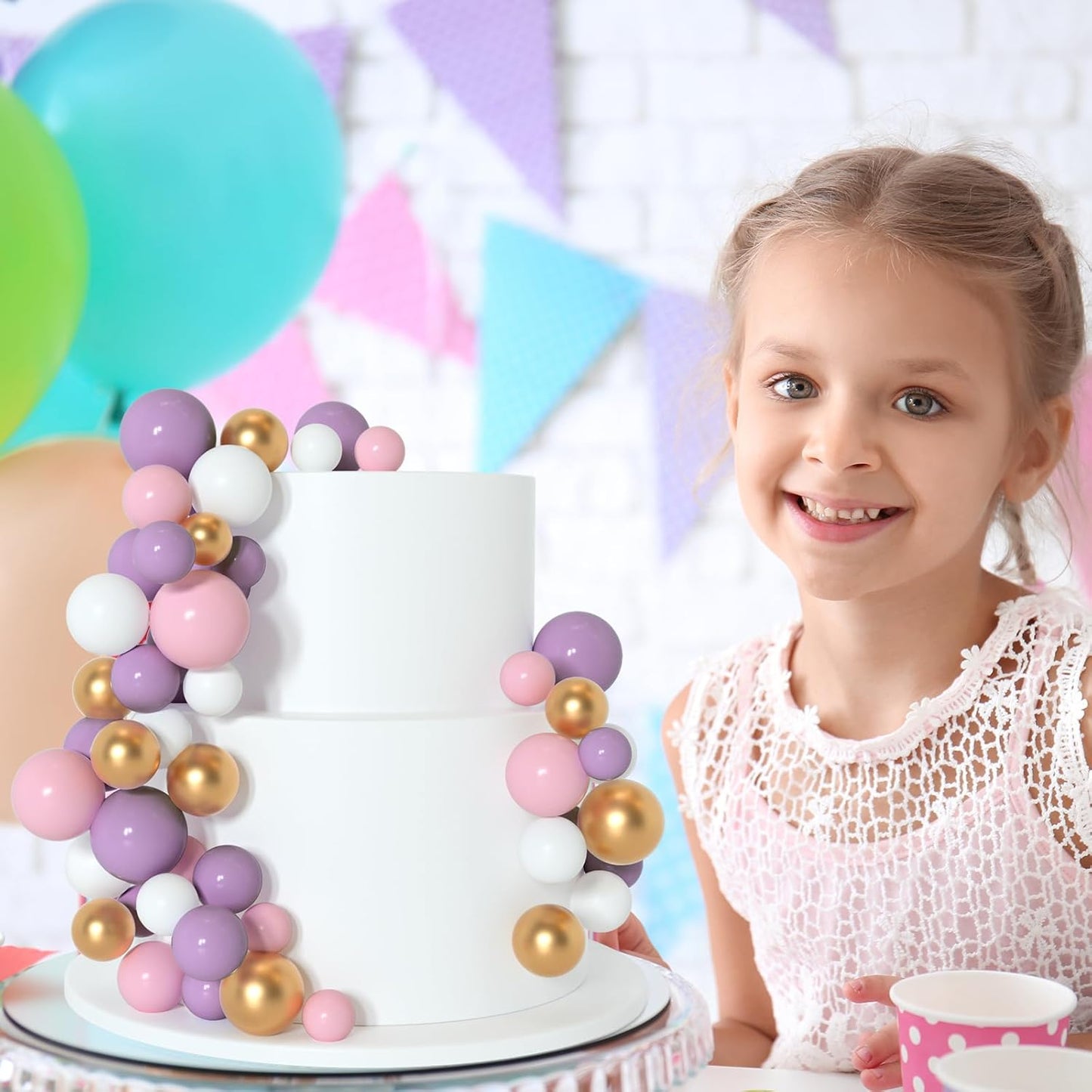 138 Pcs Balls Cake Topper Decorations Balloon Cupcake Toppers Foam Multisize Cake Topper Balls for Birthday Party Wedding Anniversary(Pink,Purple,White,Gold)