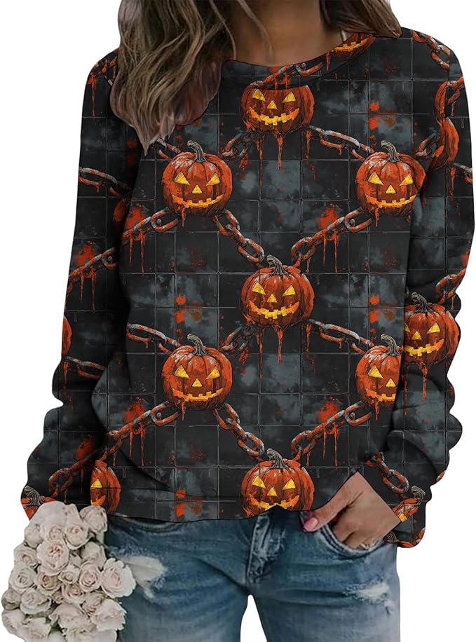 LIZALIG Pullover Cute Sweatshirt Orange Skeleton Fall Festive FunWomens Design Bat Holiday Party Outings Pumpkin Print