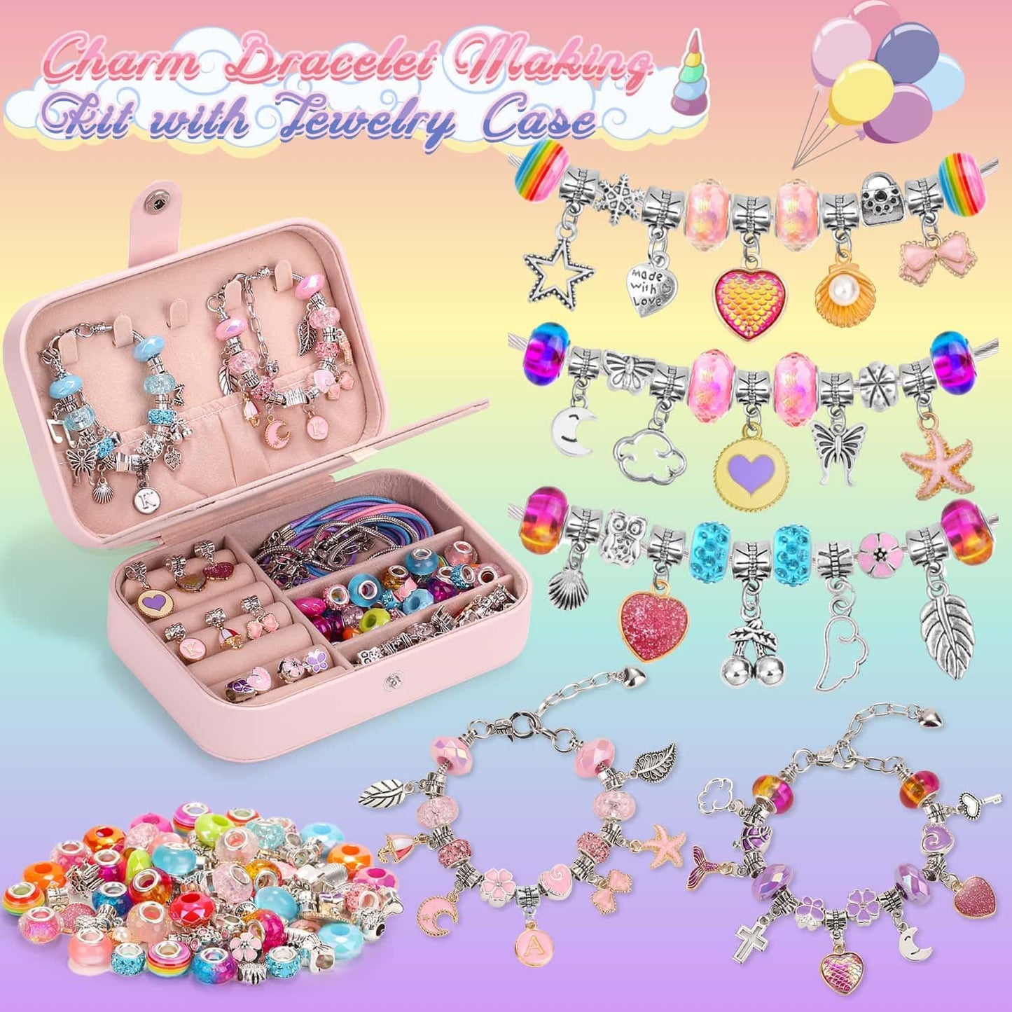 Charm Bracelet Making Kit with Jewelry Case with Charm Pendant Bracelet Kit Jewelry Making DIY Art & Craft Kit for Birthday Gifts Valentine Christmas
