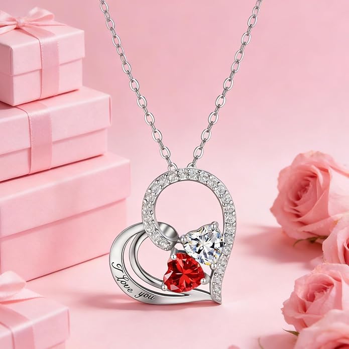 Double Birthstone Heart Necklace 0.8CT Dual-Gemstone S925 Sterling Silver Plated White Gold Engraved I Love You Perfect Anniversary/Valentine's Day Gift for Wife/Girlfriend/Mom/Daughter