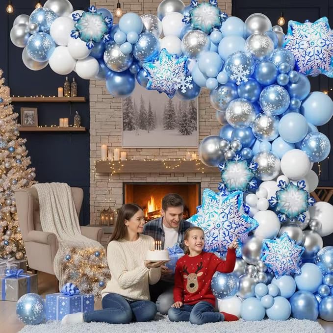 Snowflake Balloon Arch Garland Kit 182pcs, Frozen Balloon Arch Kit Silver Blue White Wonderland Balloons for Winter Wonderland Christmas Baby Shower Snow Princess Birthday Party Decorations