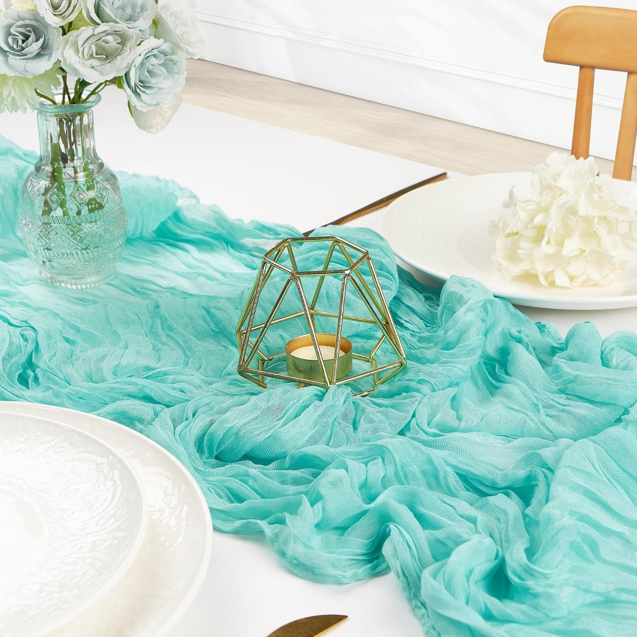 FEXIA Sky Blue Table Runner 35x120 Inches for Baby Shower Decoration Gauze Rustic Table Runner for Wedding Party First Communion Centerpiece Engagement Bridal Shower Boho Decoration
