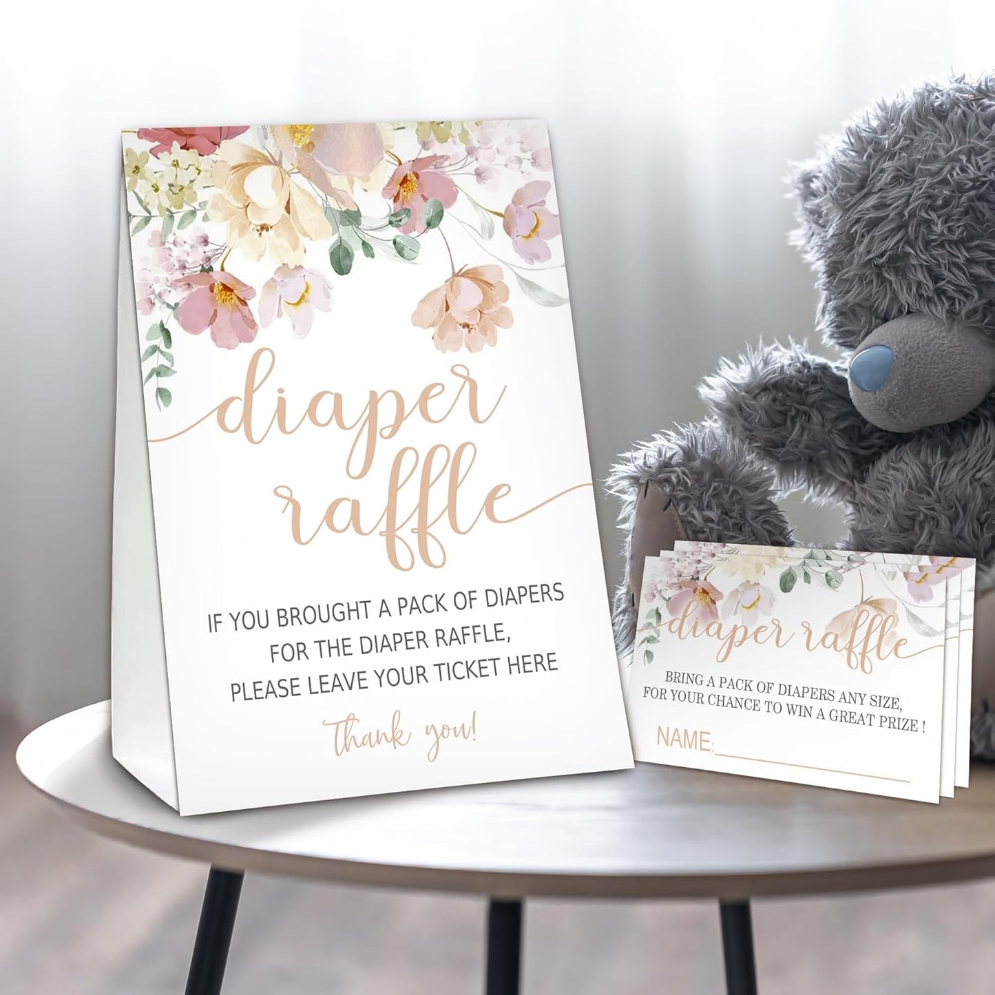 Floral Diaper Raffle Tickets for Baby Shower Game, 1 Standing Sign(5 * 7 Inch) & 50 Guessing Cards for Baby Shower Party Decoration