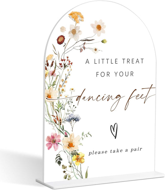 Dancing Feet Sign, Flower Style Wedding Signs for Reception for Bridal Shower and Reception, Engagement, Bridal Shower Decorations, Wedding Shower Favors, 6X8 Inch Acrylic Arch Sign with Stand,10