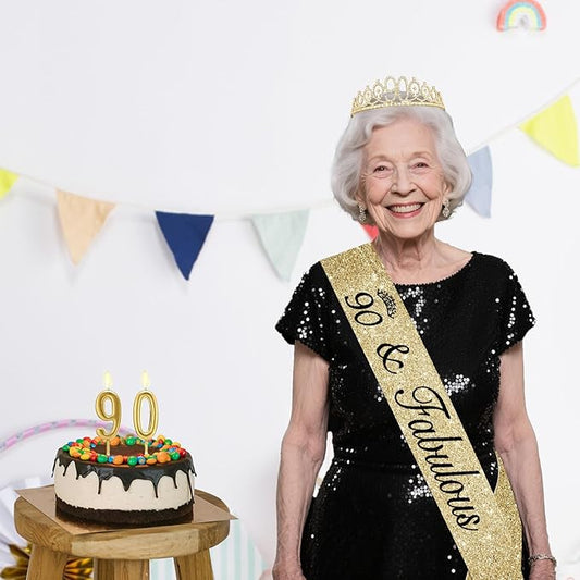 90th Birthday Decorations for Women Gold, Birthday Sash and Tiara, Gold Number 90 Candles, 90th Gifts for Women