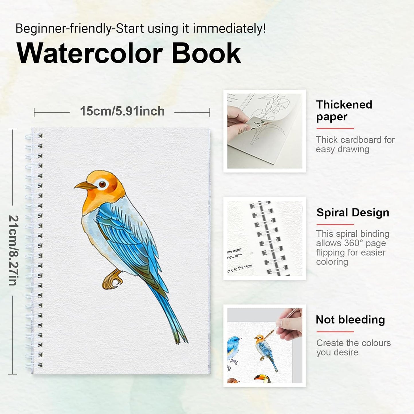 Watercolor Workbooks with Step by Step for Adults Teens - Beginner Watercolor Workbook with 12 Coloring Book Pages -100% Cotton 300gsm/140lb Watercolor Paper (Birds)