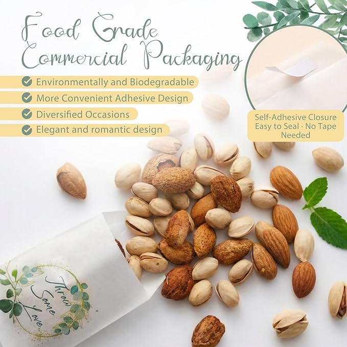 100 Pcs Wedding Confetti Bags, 2.8" x 5" Throw Flower Petal Packets Semi-transparent Glassine Waxed Paper Treat Bags for Wedding Toss, Party Decor(Throw Some Love-green Leaves)