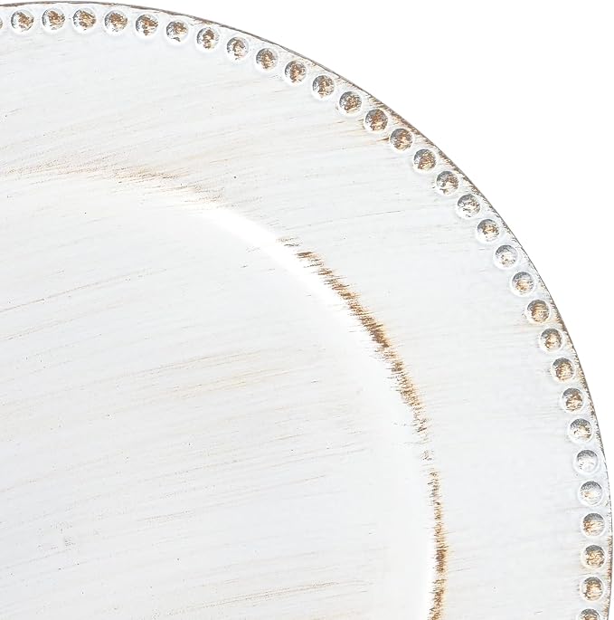 24 Pcs Vintage White Charger Plates Bulk, 13" Round Beaded Plate, Decorative Dinner Plastic Table Chargers for Wedding, Holiday Party, Baby Shower, Event Decoration