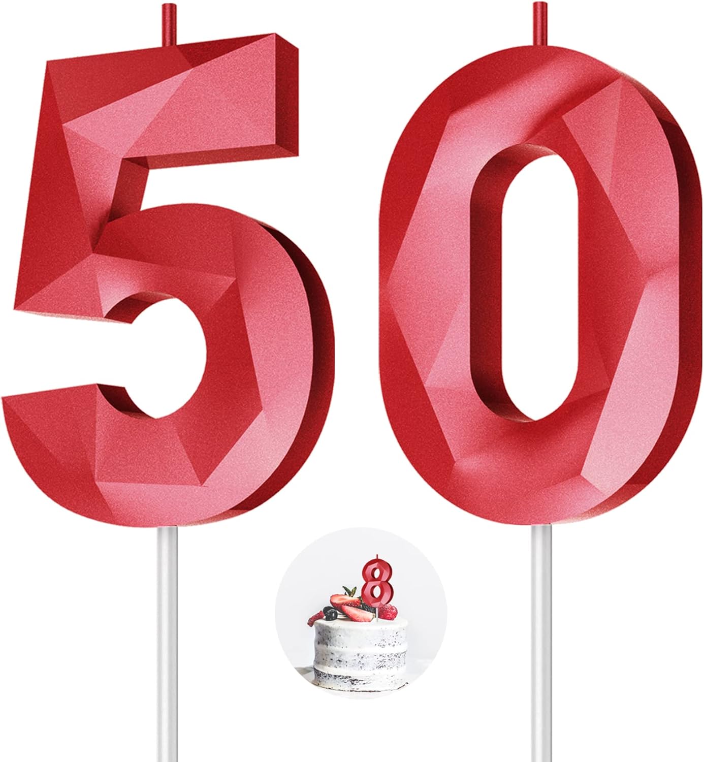 Number Birthday Candles(50 Candle Red) 3D Diamond Shape Number Happy Birthday Cake Candles for Birthday Party Wedding Decoration Reunions Theme Party