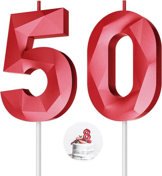 Number Birthday Candles(50 Candle Red) 3D Diamond Shape Number Happy Birthday Cake Candles for Birthday Party Wedding Decoration Reunions Theme Party