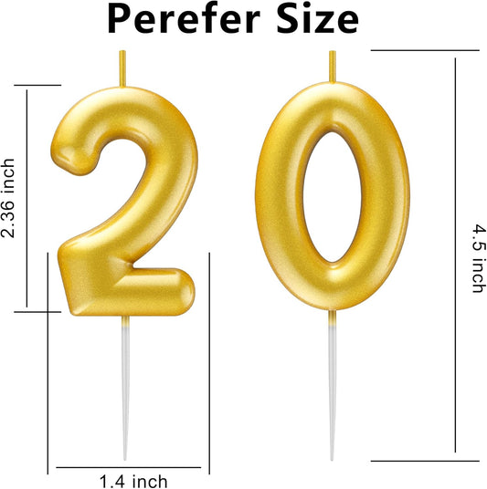 Gold Number 20 Candle Happy Birthday 3D Number Candles for Birthday Cake Party Decoration Wedding Anniversary Celebration Supplies