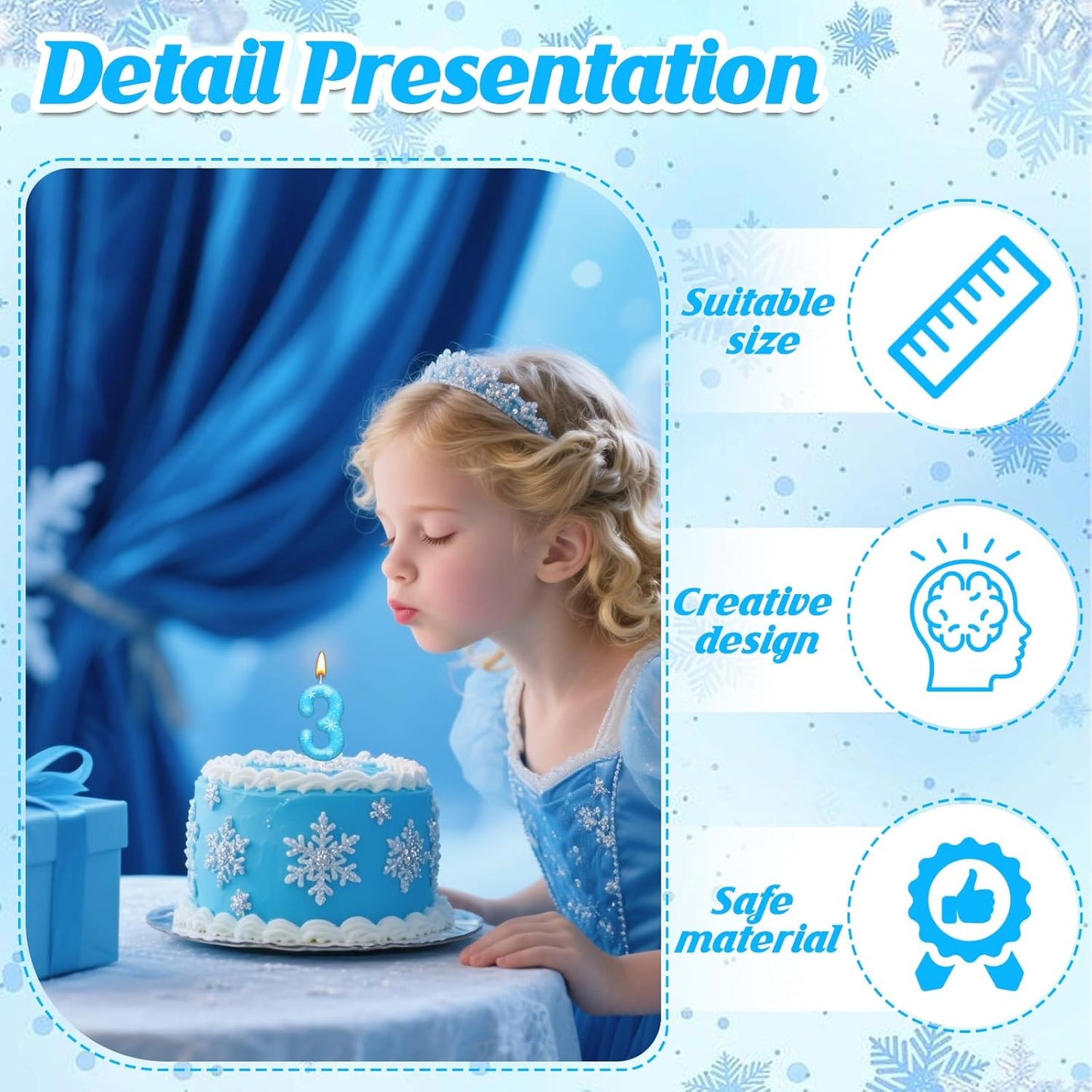 White and Blue Frozen Themed Party Birthday Candles - Blue Number Candles Snowflake Themed Party Decorations, Girls Party Supplies(Number 3)