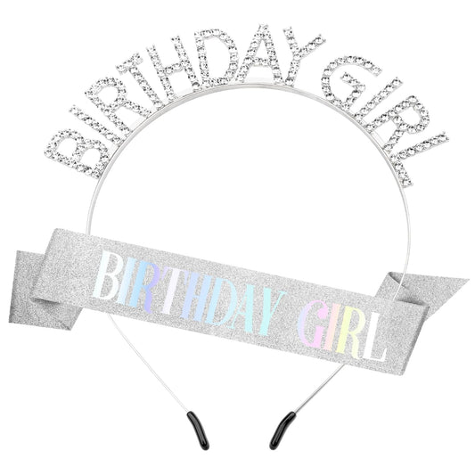 Birthday Crown Birthday Sash for Women, Birthday Girl Sash, Birthday Girl Crown, Glitter Silver Birthday Sash and Crown Rhinestone Headband Set, Happy Birthday Girl Princess Tiara Sash Accessories