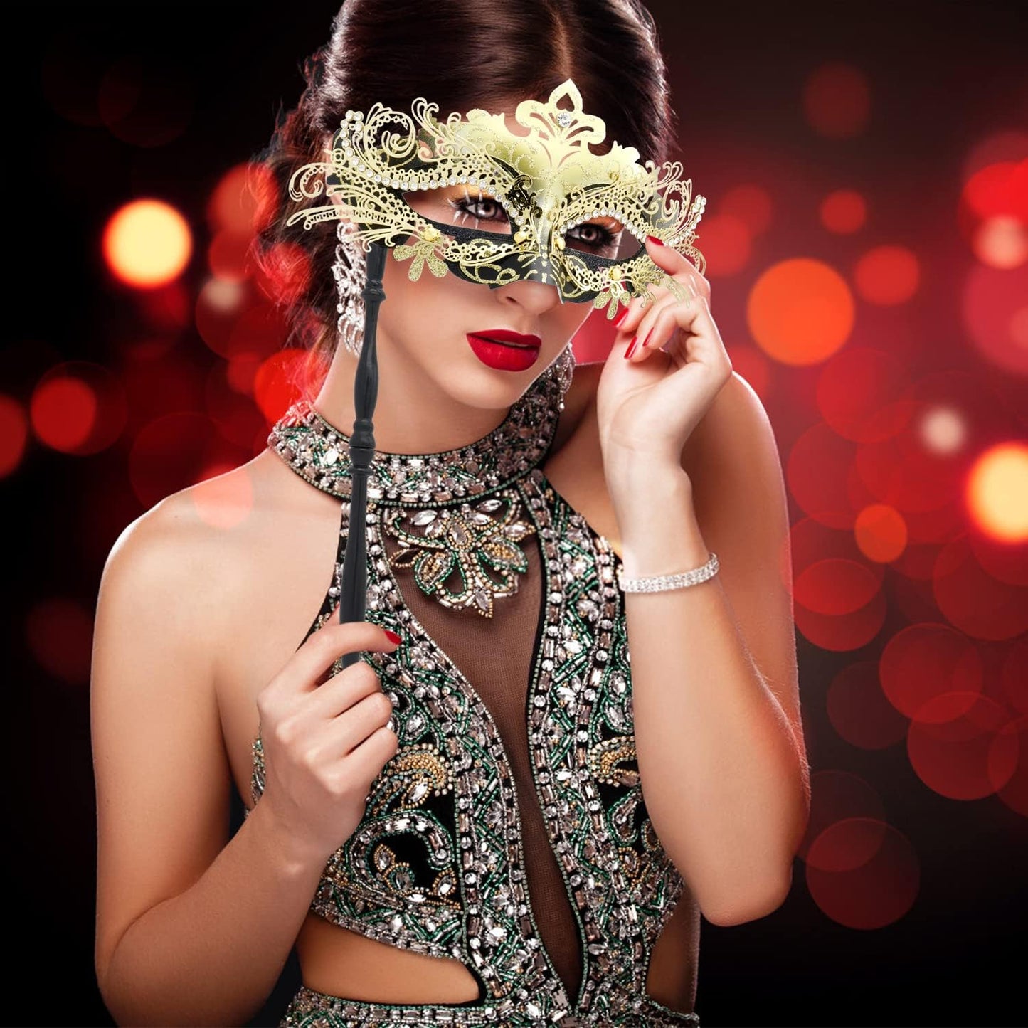 Coddsmz Masquerade Mask with Stick Venetian Mask Mardi Gras Decorations for Womens Halloween Costume Mask