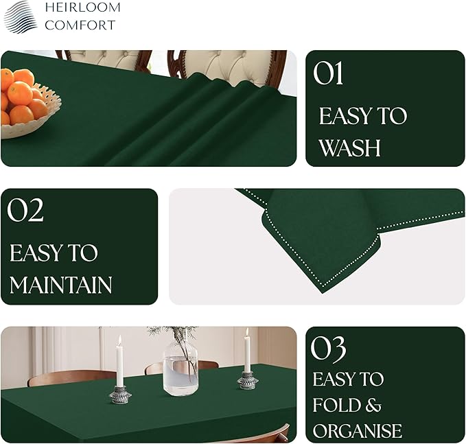 Forest Green Table Cover, 60x84 Inch, 100% Cotton, Fits 6-8 Seats, Soft, Durable, Washable, Wrinkle Resistant, Rectangle Tablecloth for Dining, Holiday Celebrations, Dinner, Events
