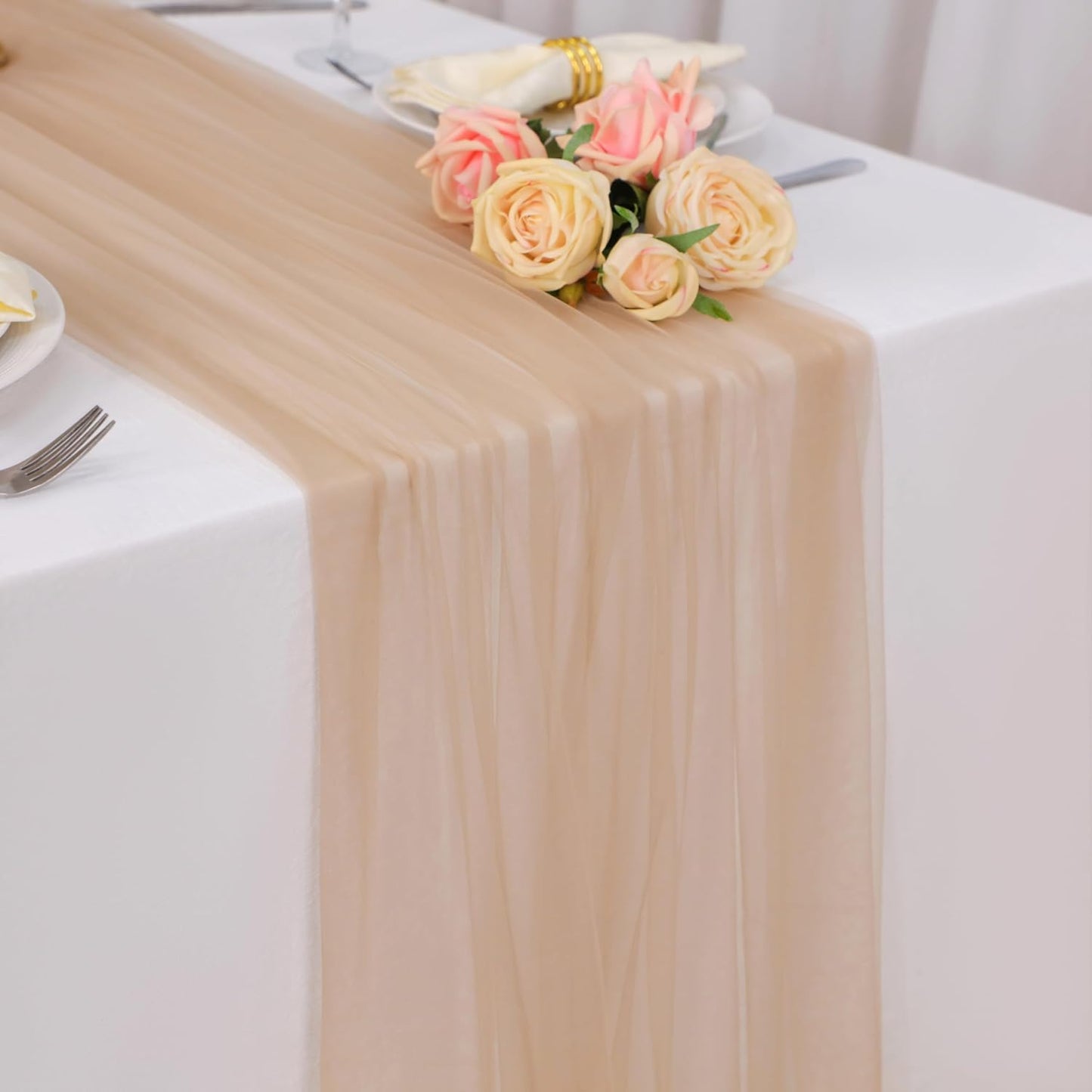 Snowkingdom Tan Table Runner, 10 FT Sheer Tulle Nude Cheesecloth Gauze, Boho Elegant Table Decoration for Home Party Wedding Birthday Baby Shower Christmas Holiday
