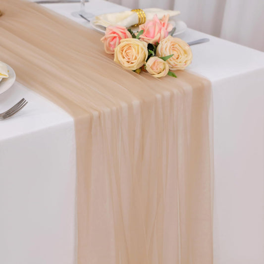 Snowkingdom Tan Table Runner, 10 FT Sheer Tulle Nude Cheesecloth Gauze, Boho Elegant Table Decoration for Home Party Wedding Birthday Baby Shower Christmas Holiday