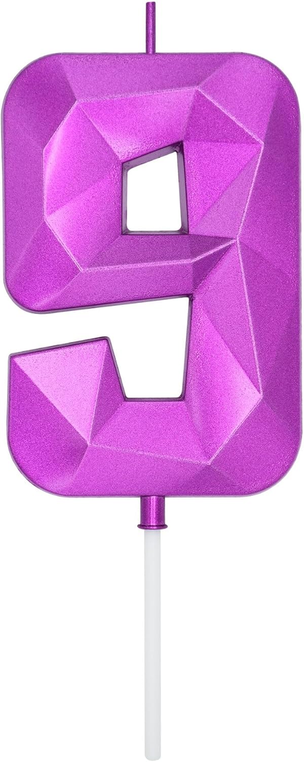 DERVENTA Large Birthday Candle Number 3D Purple 3.7 inch Party Celebration Anniversary Decoration Cake Topper 1 Piece (Number 9 Purple)