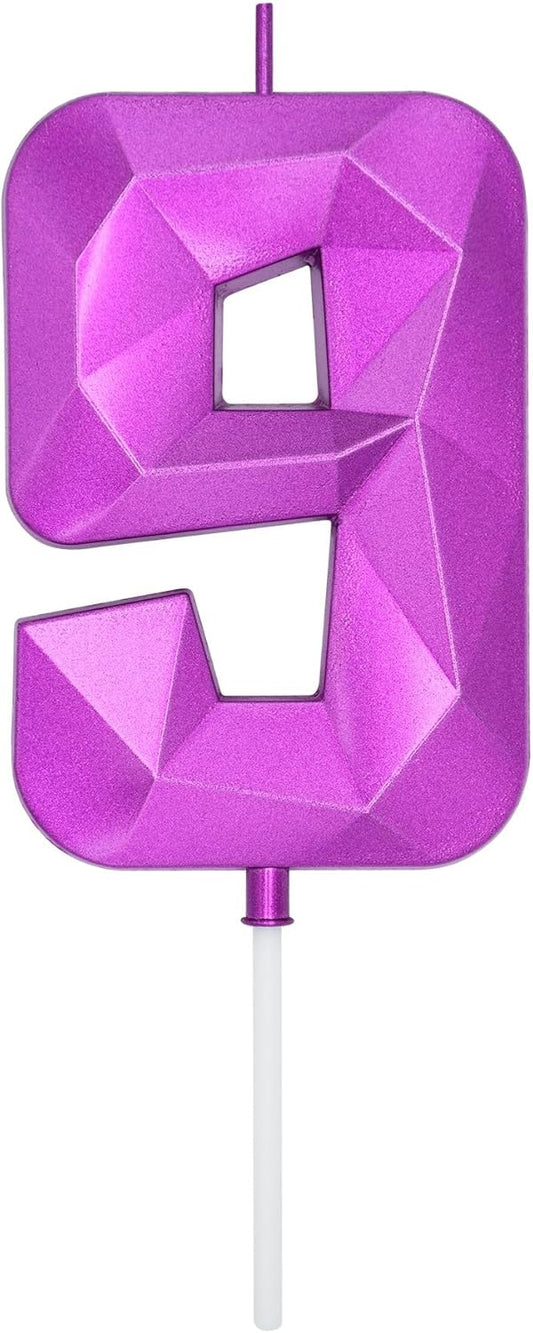 DERVENTA Large Birthday Candle Number 3D Purple 3.7 inch Party Celebration Anniversary Decoration Cake Topper 1 Piece (Number 9 Purple)
