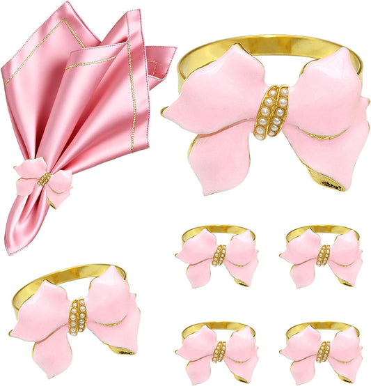 Bow Napkin Rings set of 6 Christmas Bow Tie Napkin Rings for Wedding Brithday Family Dinner,Pink Bowknot Napkin Ring Holders for New Year Valentine's Day Anniversary Bridal Shower Table Decor