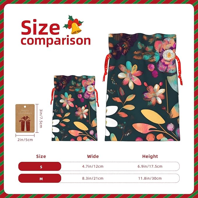 Colorful Boho Floral Printing Christmas Drawstring Gift Bags With Holiday Present Xmas Party Favors Fillers Sacks