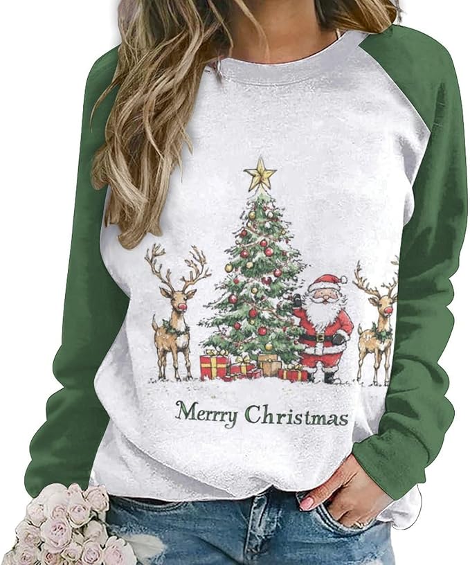 LOAIHA Christmas Sweatshirts for Women Christmas Tree Graphic Shirt Xmas Long Sleeve Merry Christmas Pullover Blouse