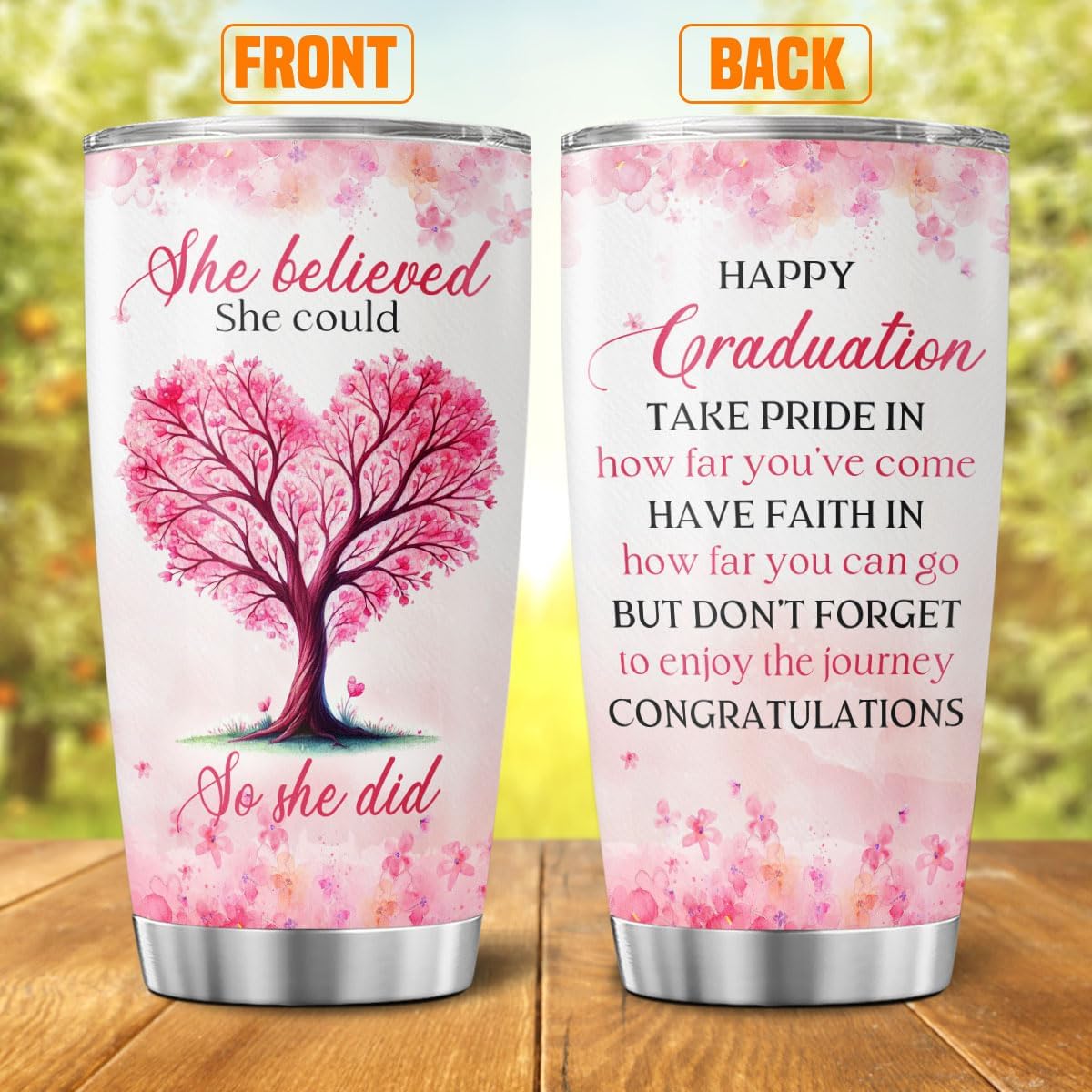 Graduation Gift for Her with Inspirational Heart Tree Design, She Believed Could So Did Quote, 20oz Stainless Steel Insulated Tumbler, Encouraging Present Women, Girls, Students