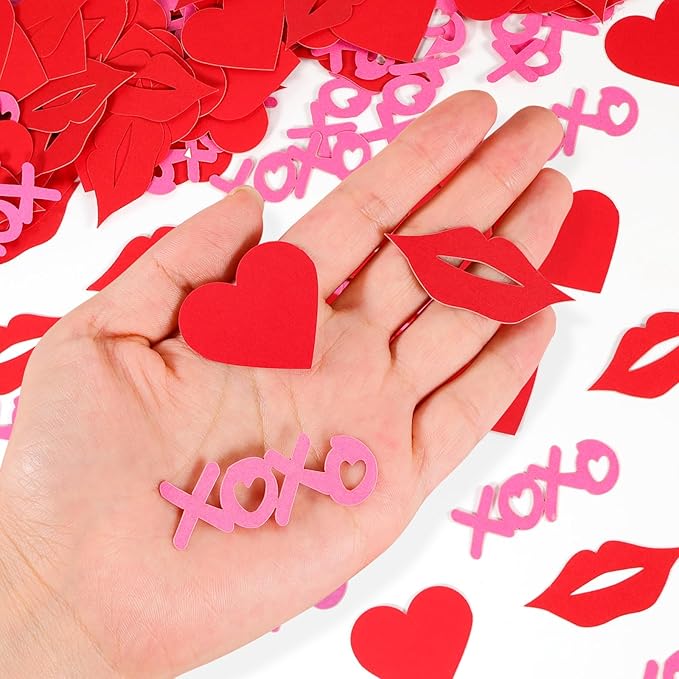 Hot Pink XOXO Letters with Red Lips & Hearts Confetti - 200-Piece Romantic Party Decor, Biodegradable Paper Mix for Valentine's Day, Wedding, Anniversary Table Scatter