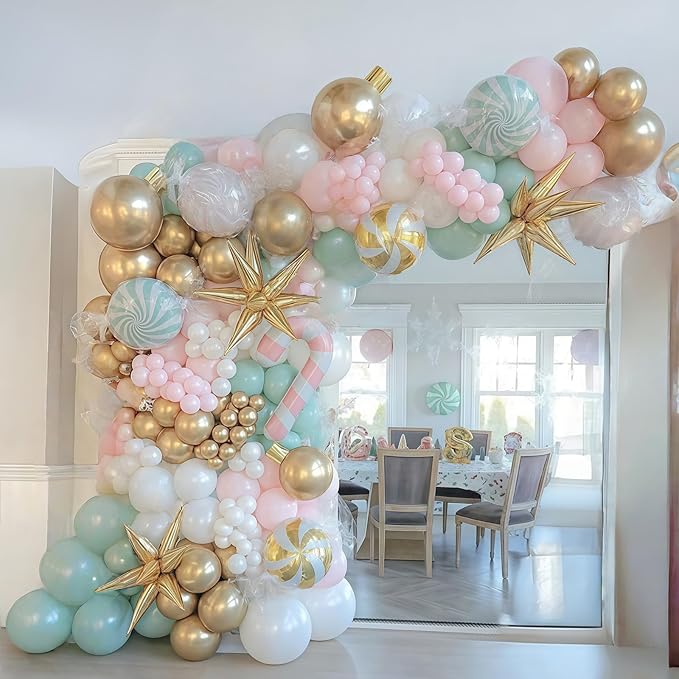 Pink and Green Balloons Pastel Green Pink White Sand Gold Metallic Balloons Nutcracker Fairy Sugar Theme Balloon Set for Winter Wonderland Snow Ice Spring Birthday Christmas Baby Shower Party Decor