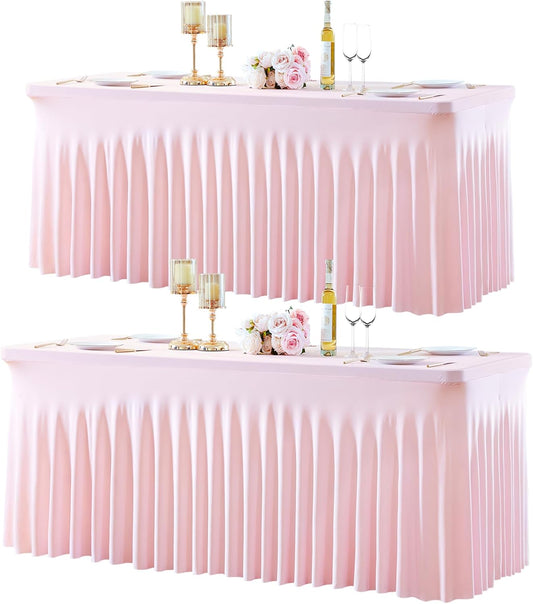 2 Pack Spandex Pink Fitted Table Cloth for 8ft Rectangle Tables Pink Stretch Tablecloth Table Covers Banquet Table Clothes Wrinkle Free Table Skirt for Parties Wedding