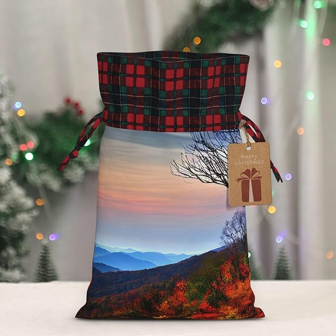 PULaif Blue Ridge Mountains Christmas Drawstring Gift Bags, Large Size Christmas Bags For Gifts Party Favors, Xmas Gift Bags