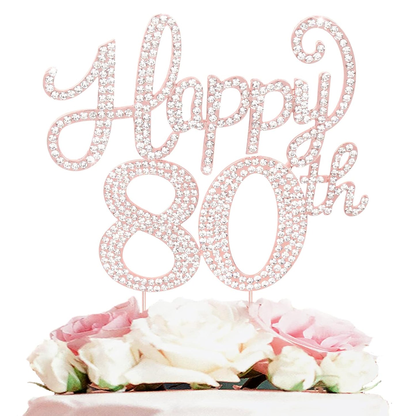 LASKYER Happy 80th Birthday Rose Gold Rhinestone Cake Topper - 80th Birthday/Anniversary,Cheers to Eighty Years Old Bday Party Metal Sparkly Centerpieces Decorations.