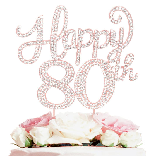 LASKYER Happy 80th Birthday Rose Gold Rhinestone Cake Topper - 80th Birthday/Anniversary,Cheers to Eighty Years Old Bday Party Metal Sparkly Centerpieces Decorations.