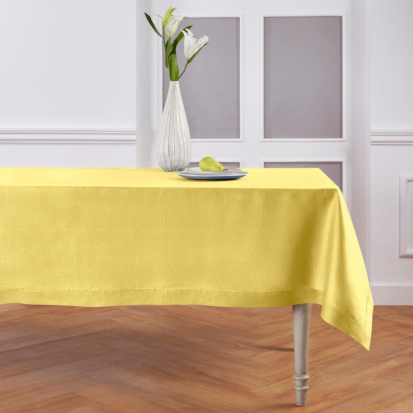 Solino Home Linen Square Tablecloth 52 x 52 Inch - 100% Pure Linen Sunshine Yellow Table Throw - Fete, Machine Washable Table Cloth