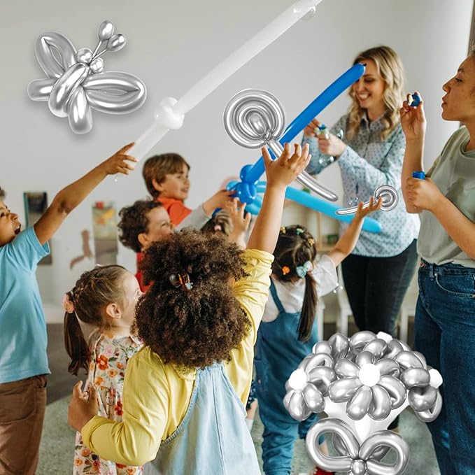 Silver Metallic 260 long Balloons 100 Pack Modeling Long Magic Balloons Shiny Latex DIY Animal Balloon for Birthday Wedding New Year Festival Party Decoration (Silver Twisting Balloons)