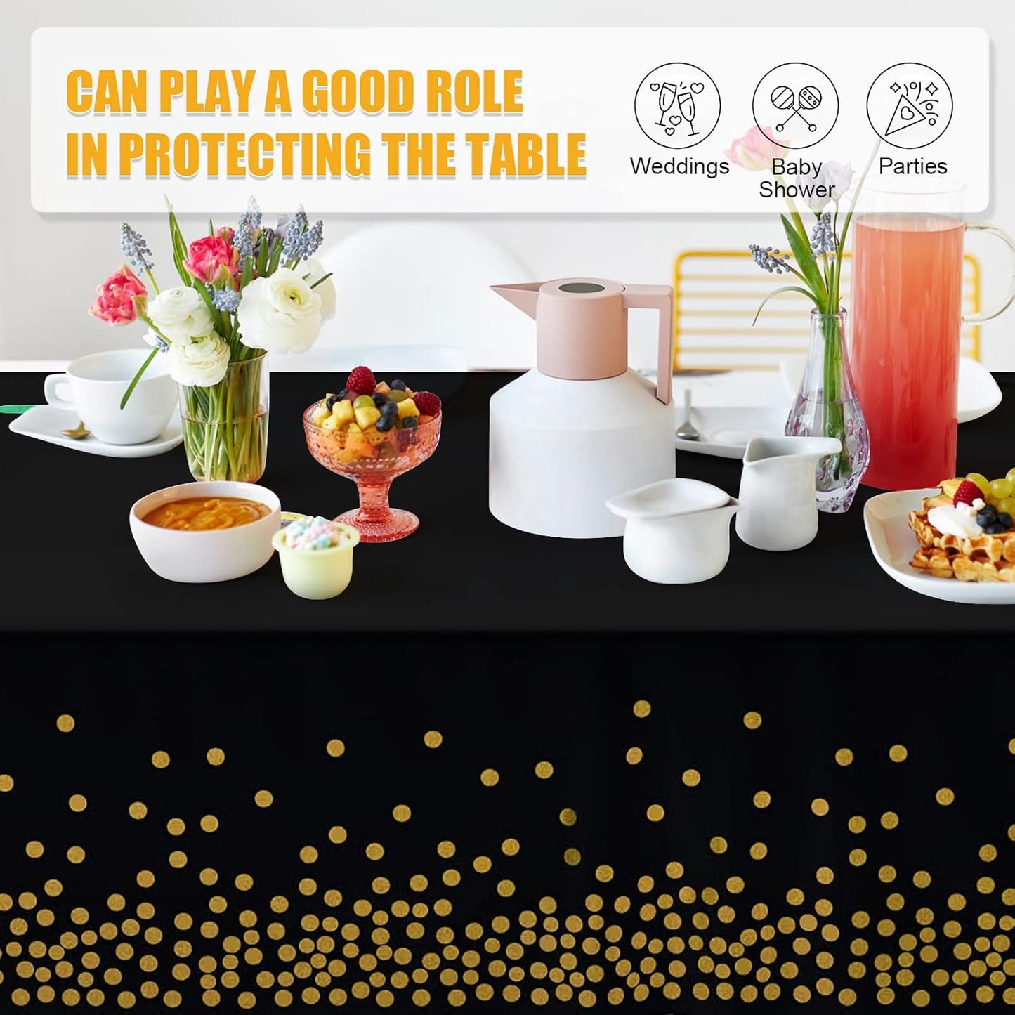 Tablecloths for Rectangle Tables, 3 Pack 54" x 108" Plastic Table Cloth Disposable Table Covers Engagement Party Decorations, Black Gold Dot Tablecloths Disposable Tablecloth for Weddings Buffet Table