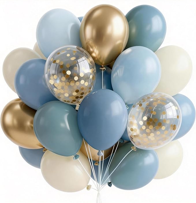 PartyWoo Dusty Blue Balloons 65pcs 12 Inch Light Baby Slate Blue Off White Sand Metallic Gold Boho Confetti Balloons for Graduation Boy Baby Shower Gender Reveal Birthday Wedding Party Decorations