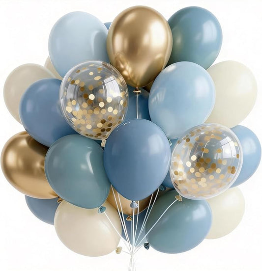PartyWoo Dusty Blue Balloons 65pcs 12 Inch Light Baby Slate Blue Off White Sand Metallic Gold Boho Confetti Balloons for Graduation Boy Baby Shower Gender Reveal Birthday Wedding Party Decorations