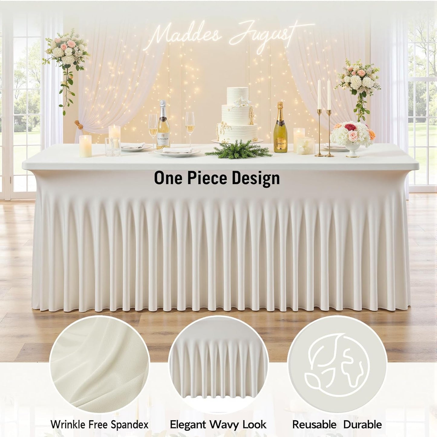 Outpain 6ft Spandex Table Cloth for Standard Folding Tables-4Pack Ivory Table Cloth Table Protector for Party, Wedding, Cocktail, Banquet, Festival