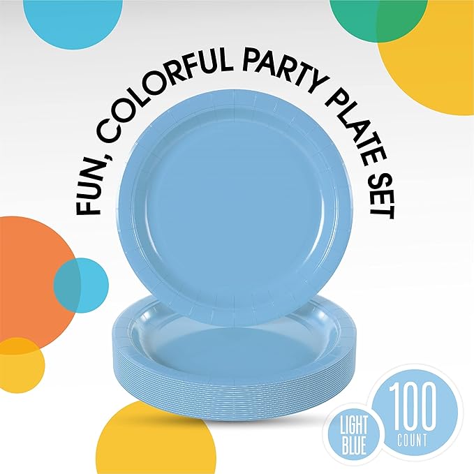 Exquisite Light Blue Paper Plates Disposable Heavy Duty 7 Inch Light Blue Disposable Plates For Party 100 Pcs Heavy Duty Paper Plate 350 GSM, Birthday Party Supplies Plate Set