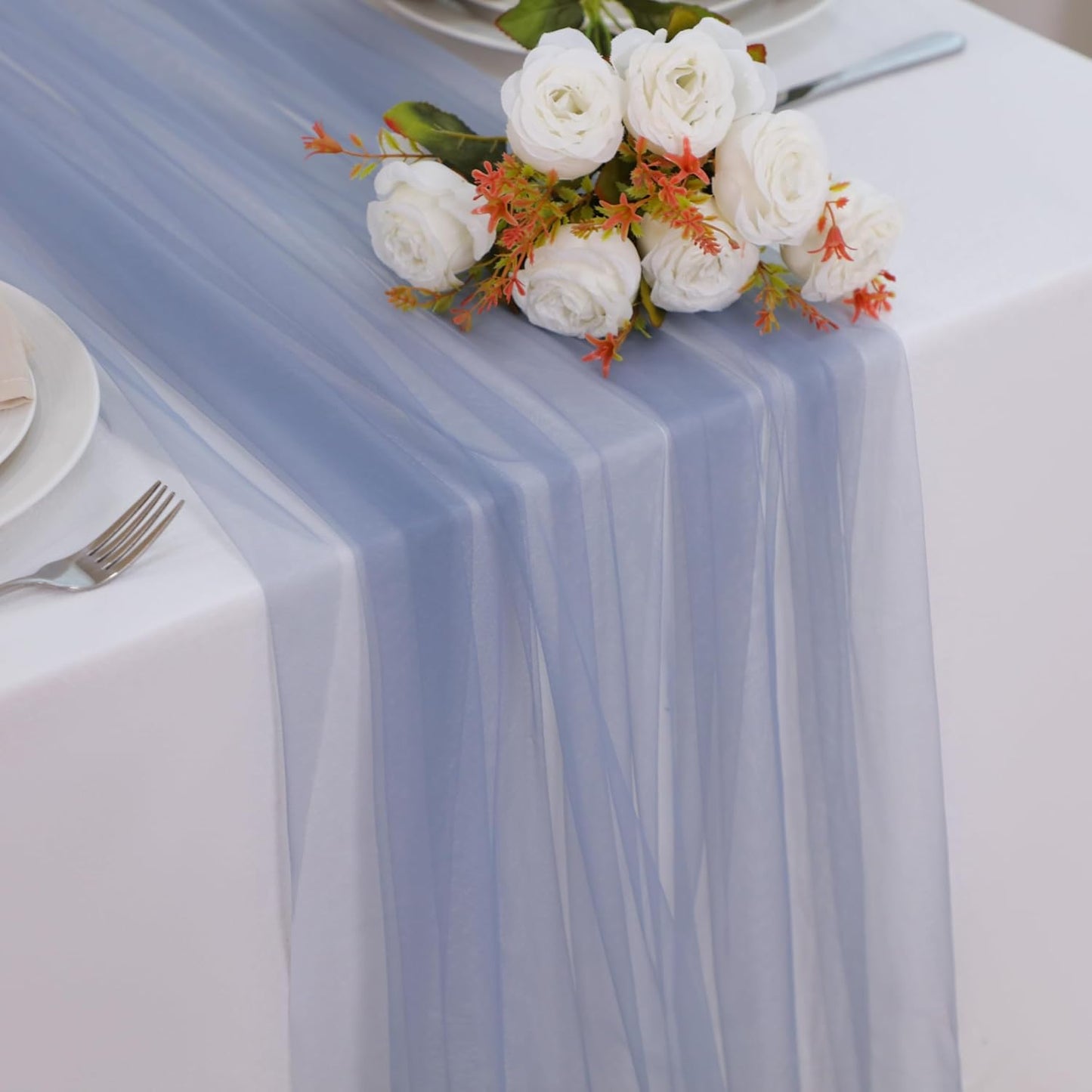 Snowkingdom Dusty Blue Table Runner, 10FT Blue Tulle Cheesecloth Gauze Sheer Boho Rustic Table Runner, Romantic Cheese Cloth for Wedding Party Decorations Christmas Baby Shower Home Decor 120 inch