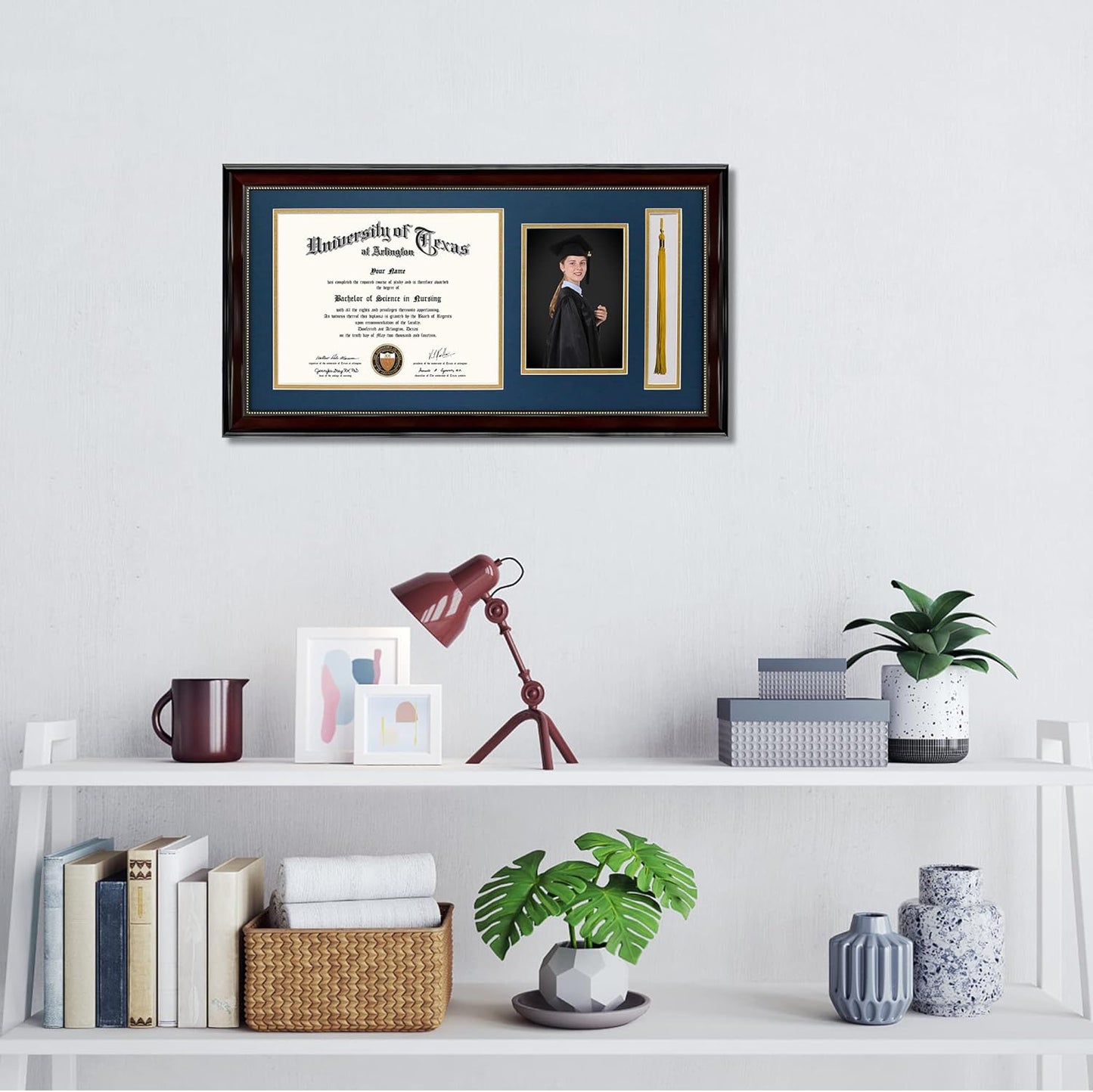 GraduationMall 11x22 Mahogany Diploma Frame with Tassel Holder and Picture for 8.5x11 Certificate 5x7 Photo,Real Glass,Navy over Gold Mat