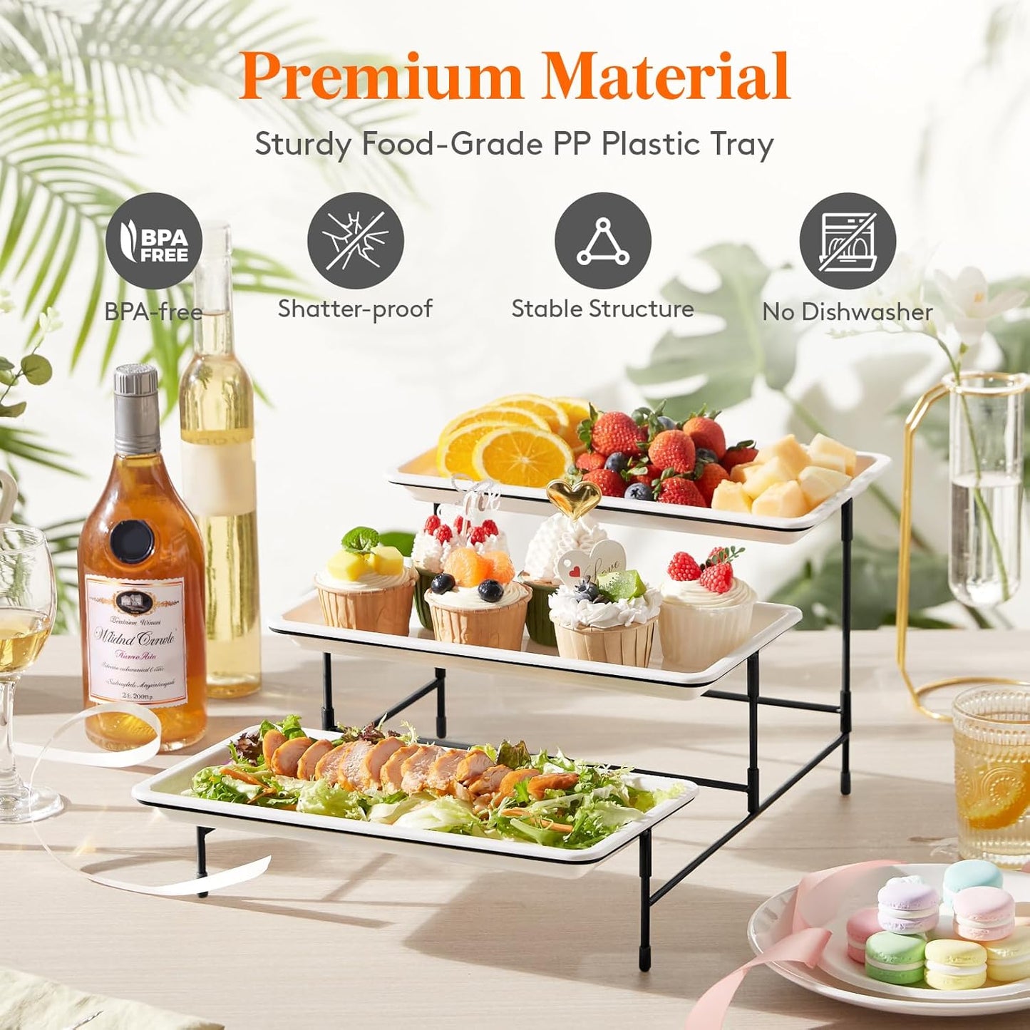 Lifewit 3 Tier Serving Tray, 12" x 6.5" White Plastic Tiered Food Serving Platters, Tiered Tray Stand for Party with Black Collapsible Metal Stand, Dessert Display Stands for Cookies, Crackers