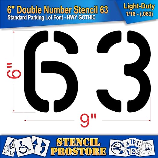 Pavement, Curb, and WheelStop Stencils - 6 inch Double Number Stencil - (63) - 6" x 9" x 1/16" (63 mil) - Light-Duty