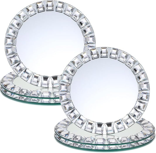 Suclain 6 Pcs Mirrored Glass Charger Plates 13 Inch Silver Mirror Plates Round Chargers for Dinner with Diamond Rim Settings for Wedding Birthday Party Events (Square Diamond Rim)