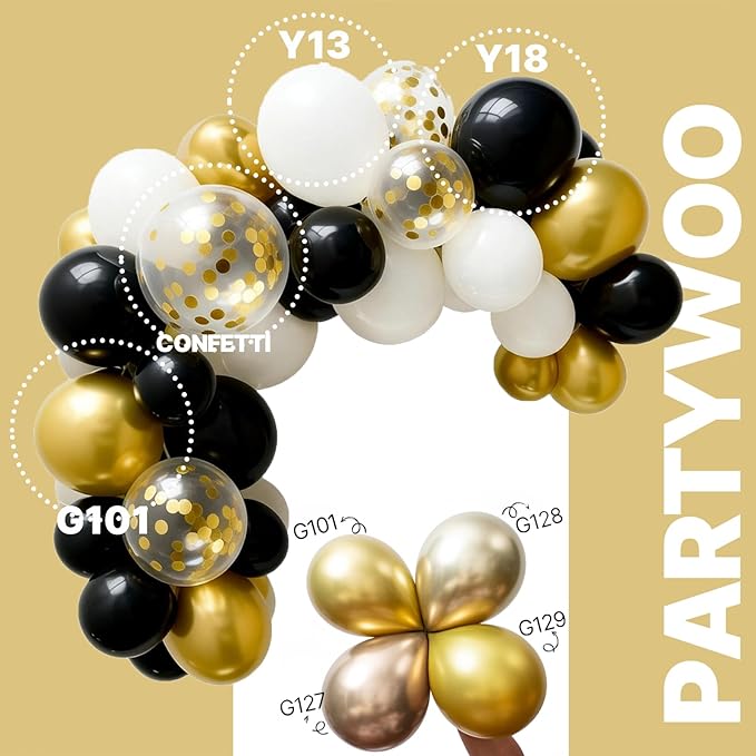 PartyWoo Black and Gold Balloons 65pcs 12 Inch Matte Black White Metallic Chrome Gold Confetti Balloons for Graduation Baby Shower Birthday New Year's Eve Anniversary Bachelorette Party Decorations